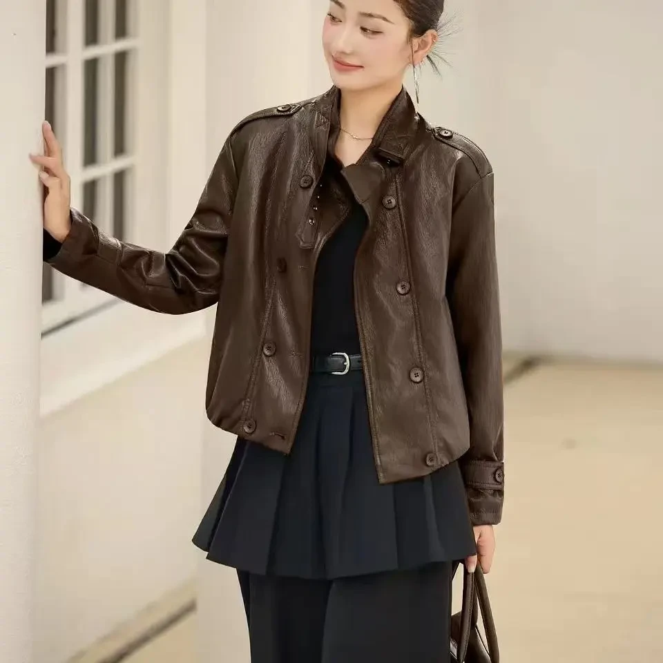 599106# 立领短款皮衣雅丹风酷飒皮夹克上衣秋冬女装网红