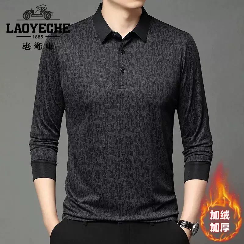 老爷车加绒加厚polo衫男冬季新款翻领长袖T恤宽松男装衬衫领保暖