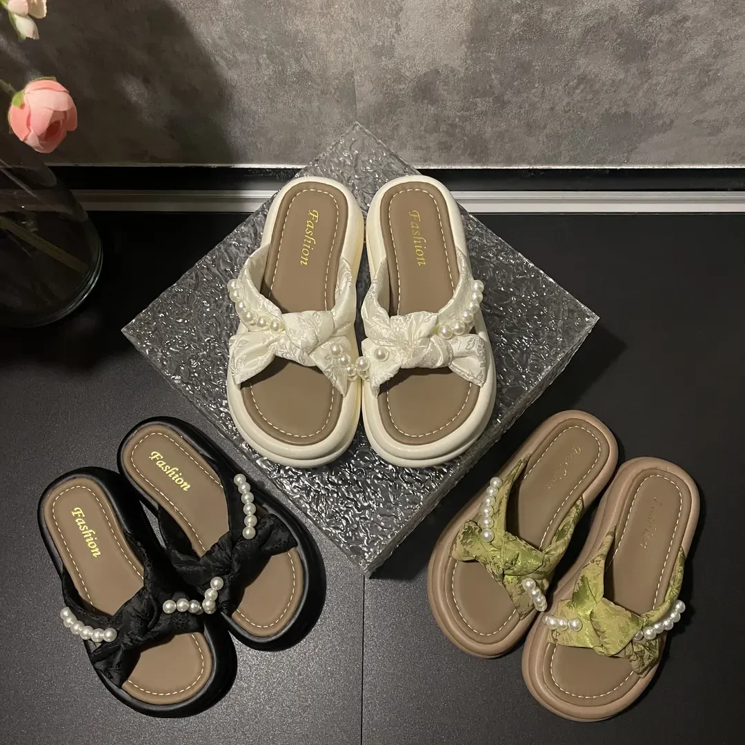 2025夏季新款新中式国风珍珠配裙子仙女风拖鞋厚底凉鞋