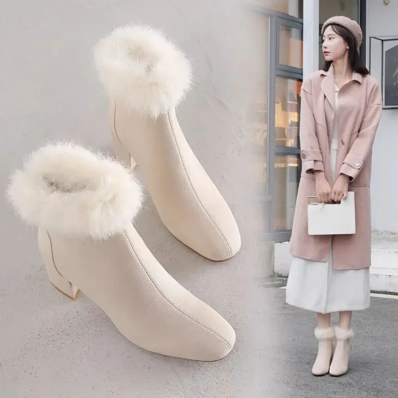 马丁靴2024冬季款英伦粗跟高跟鞋磨砂短靴加绒裸靴保暖雪地靴1