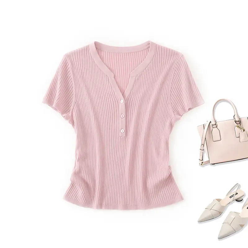 天丝莱赛尔夏季纽扣半开V领T恤针织短袖女薄款桑蚕丝套头t恤上衣