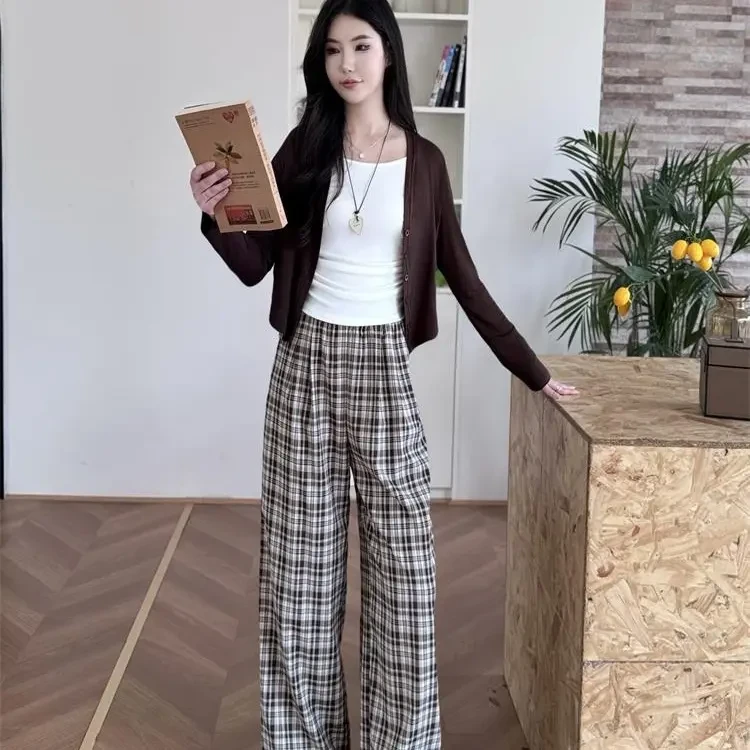 2025男友风通勤风休闲风时尚套装阔腿裤学生宫廷风格子阔腿裤套装