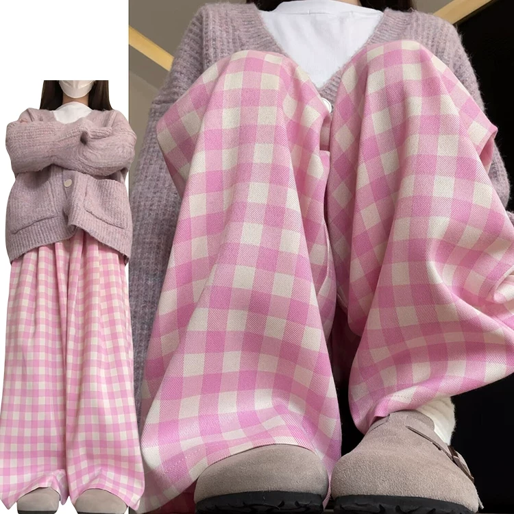 韩系减龄少女粉山本格子裤女春夏季2025新款垂坠感高腰显瘦阔腿裤