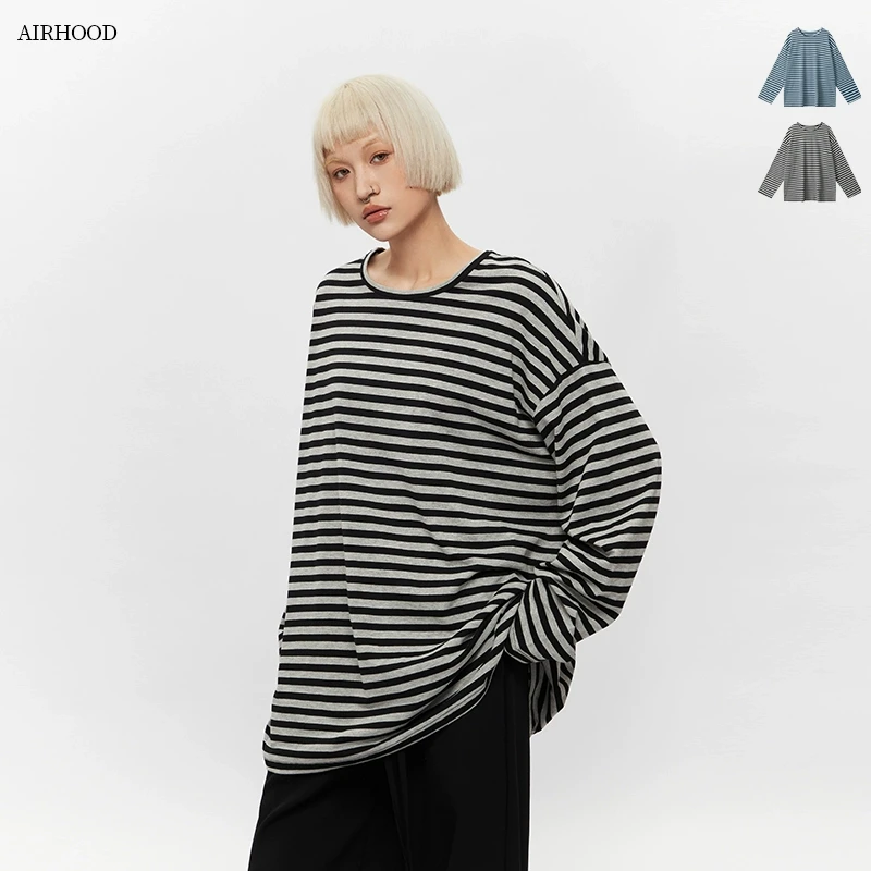 AIRHOOD 春装oversize时尚条纹t恤女长袖宽松慵懒松弛感上衣C5166