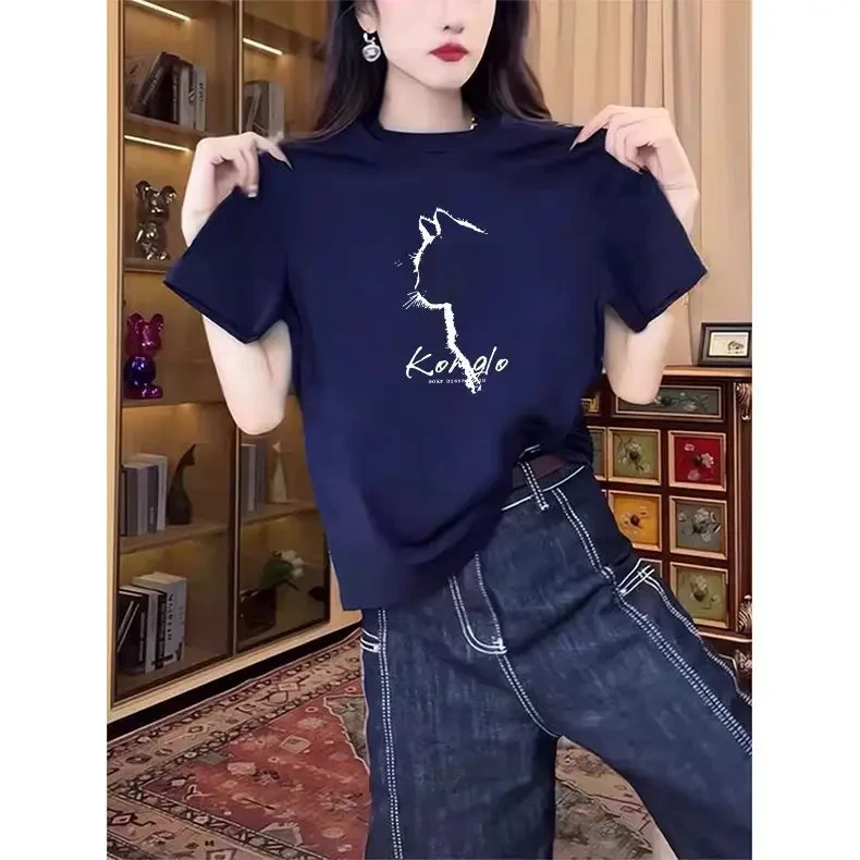 正肩圆领短袖t恤女装2025新款时尚百搭洋气藏青色薄款上衣夏季潮