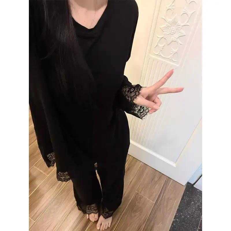 带胸垫黑色高级感蕾丝边大码睡衣女春秋季2025新款家居服长袖长裤