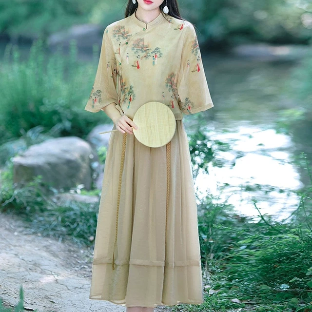 新中式国风禅意茶服汉服套装女大码夏季民国改良旗袍两件套连衣裙