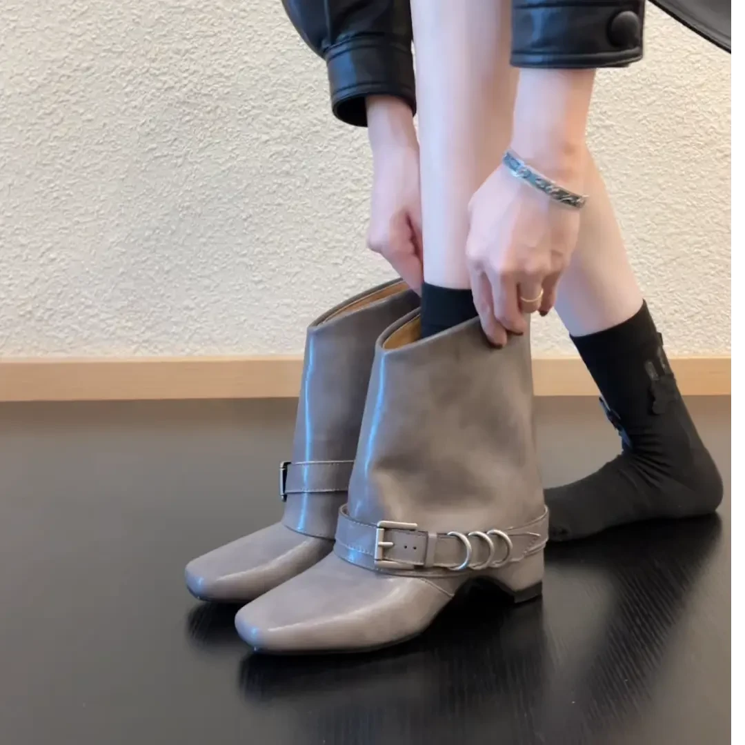 牛皮版~6.5cm增高复古方头粗跟中筒靴女气质百搭短靴子西部骑士靴