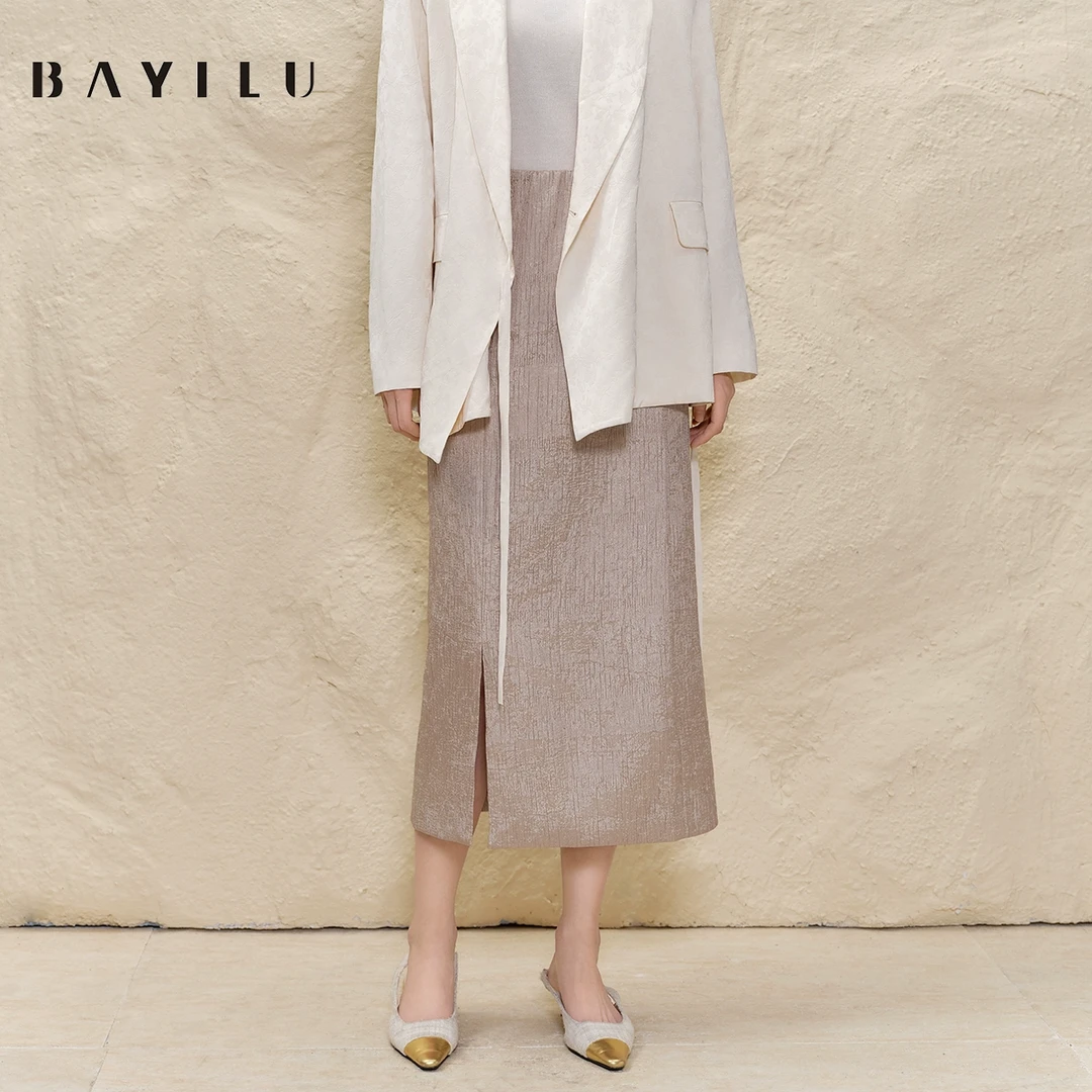 【丽姐】芭依璐2025春季半身裙女直筒裙亮丝开叉长裙91Q3987