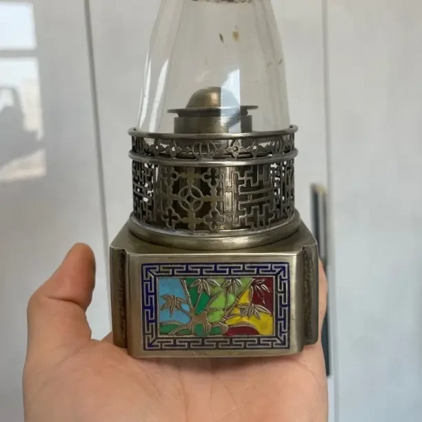 精白铜老烟灯 四面烤蓝工艺 适合家居装饰