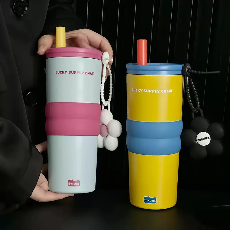 绚青高颜值女生简约保温杯学生带吸管水杯咖啡杯大容量车载杯子