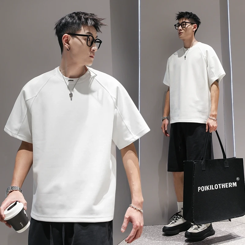 有术液态棉插肩袖圆领短袖T男士夏季纯色重磅运动宽松潮流体恤t恤