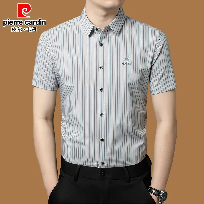 皮尔卡丹正品男士短袖衬衫夏季免烫条纹休闲高档潮流商务薄款衬衣
