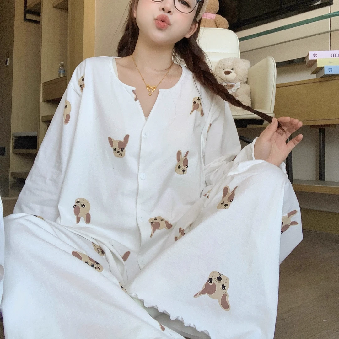 大码可爱长袖纯棉绸睡衣女春秋款2025新款长裤家居服春季秋季睡衣