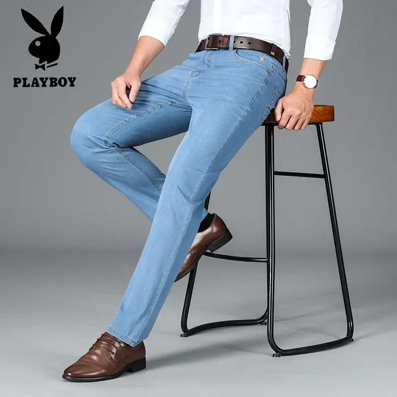 花花公子夏季薄款牛仔裤男士凉感宽松潮流直筒裤子弹力休闲长裤男