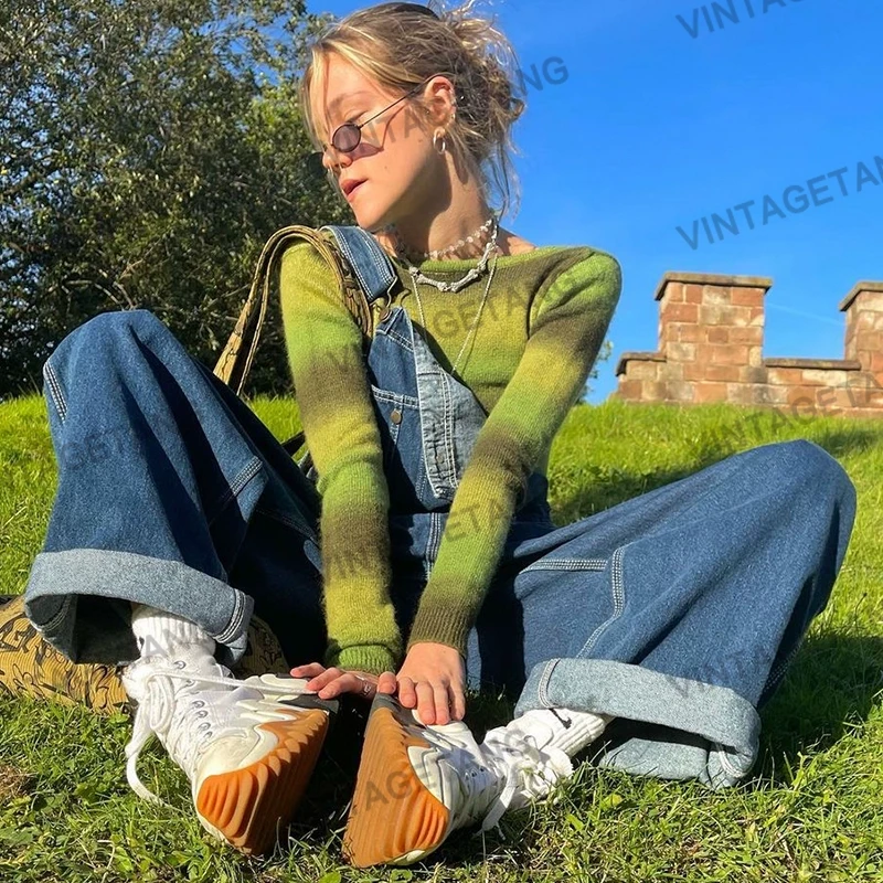 VintageTang美式复古深蓝色百搭宽松阔腿显瘦背带裤壕呐