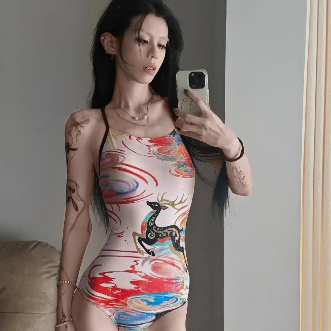 （九色鹿）连体专业竞速女泳衣显瘦遮肉游泳馆训练比赛运动风泳装