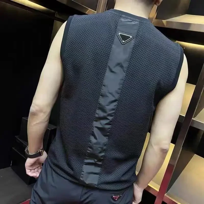 男士夏季镂空冰丝背心透气凉感潮流百搭薄款速干无袖圆领健身透气
