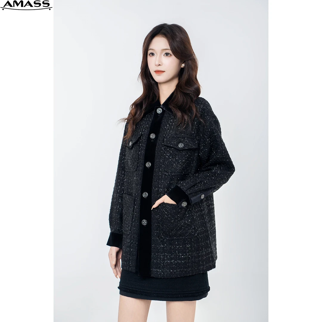 AMASS/阿玛施冬季穿搭高贵丝绒拼接时尚精致小香风外套5400894