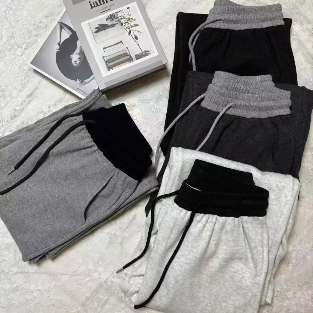 秋冬加厚撞色抽绳裤腰设计阔腿休闲裤百搭显瘦