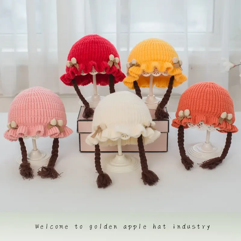 秋冬季新款宝宝帽子护耳毛线针织可爱假发婴幼儿套头保暖防风加厚