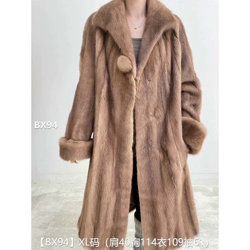 【BX94】XL码 蜜茶棕全抽超长款貂皮大衣皮草外套 翻领挽袖