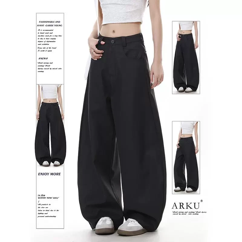 ARKU美式通勤高级感黑色弯刀西裤女春季复古宽松垂感阔腿休闲裤子