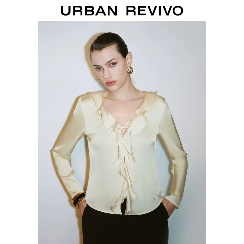 UR2025春季新款女欧若风复古通勤荷叶边长袖开襟衬衫UWM250006