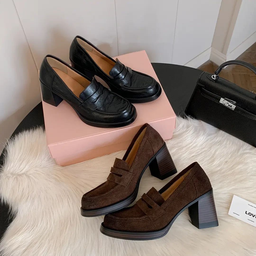 牛皮版~逆天大长腿~粗跟手抓皮百搭复古高级感一蹬单鞋乐福鞋女