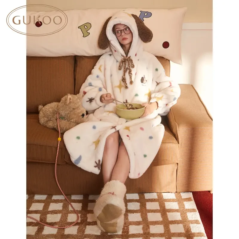 【Gukoo果壳】冬季睡袍女轰轰小狗满印可爱保暖连帽女士家居服睡袍