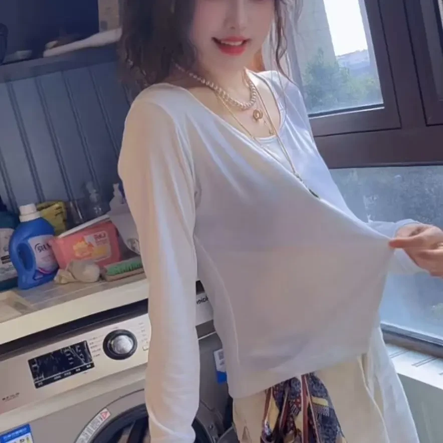 针织V领秋冬2025少女风宽松型套装长袖蕾丝T恤性感