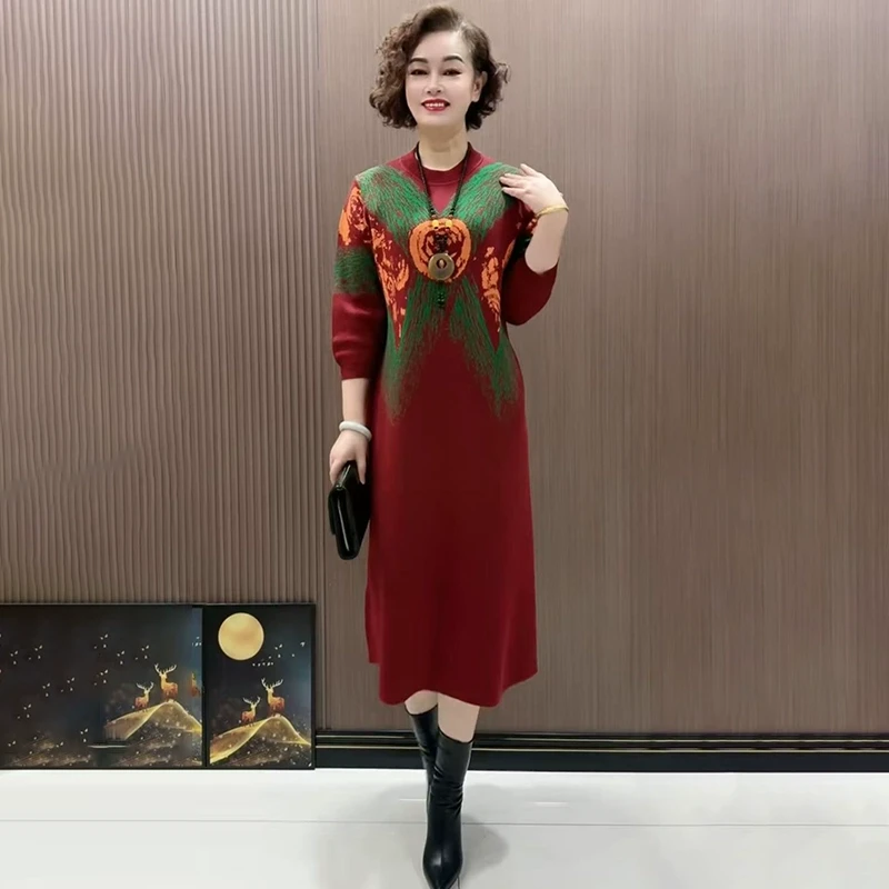 中年妈妈胶麻针织连衣裙时尚宽松大码高端轻奢长款过膝打底毛衣裙