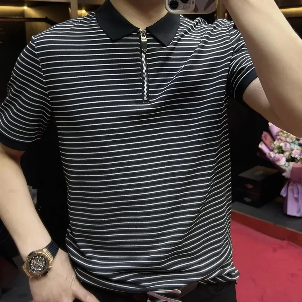 薄款夏季条纹短袖拉链Polo衫休闲潮流男士透气轻奢时尚百搭半袖