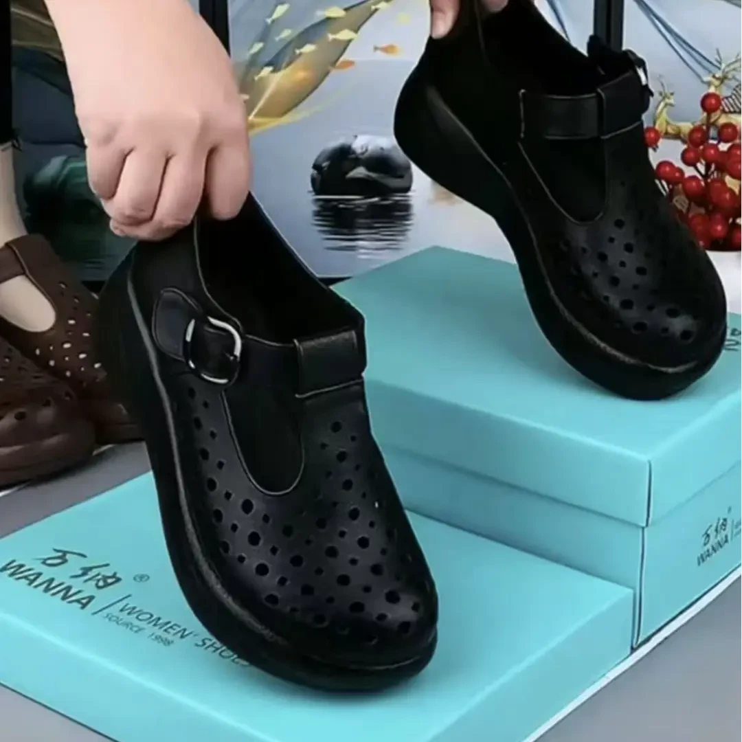 镂空透气洞洞鞋女士厚底休闲皮鞋软底单鞋中老年妈妈鞋网眼凉鞋女