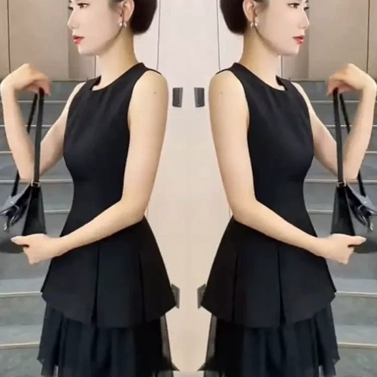 2025夏新款小个子连衣裙法式黑色无袖拼接温柔甜美系网纱蓬蓬裙