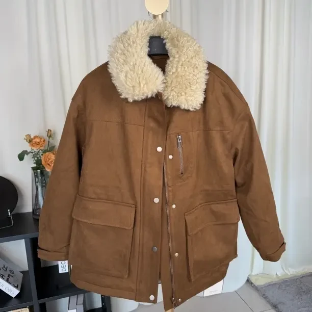 羊羔毛翻领麂皮绒抽绳收腰加厚保暖女士毛毛外套