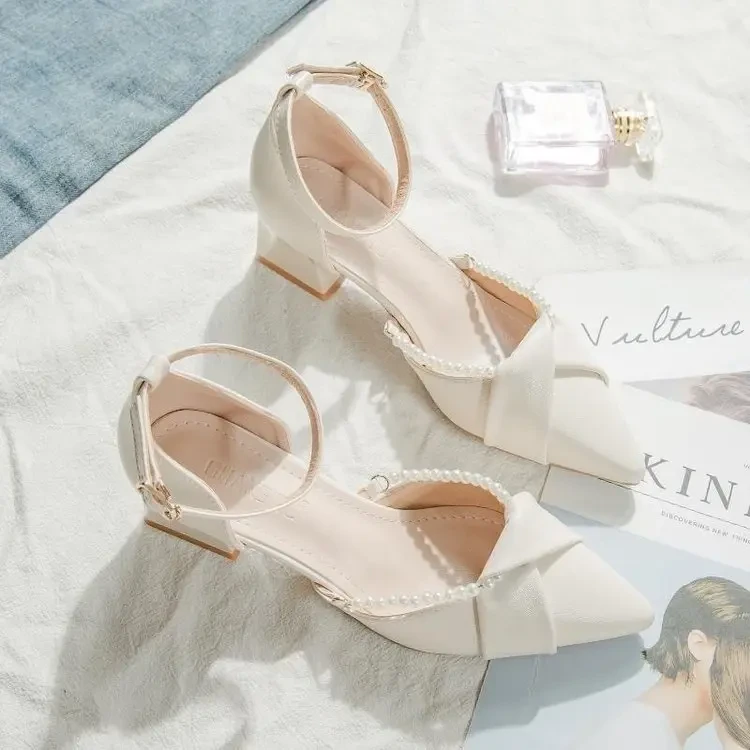 凉鞋女2025款仙女尖头粗跟珍珠高跟单鞋百搭夏季春夏法式韩版气质