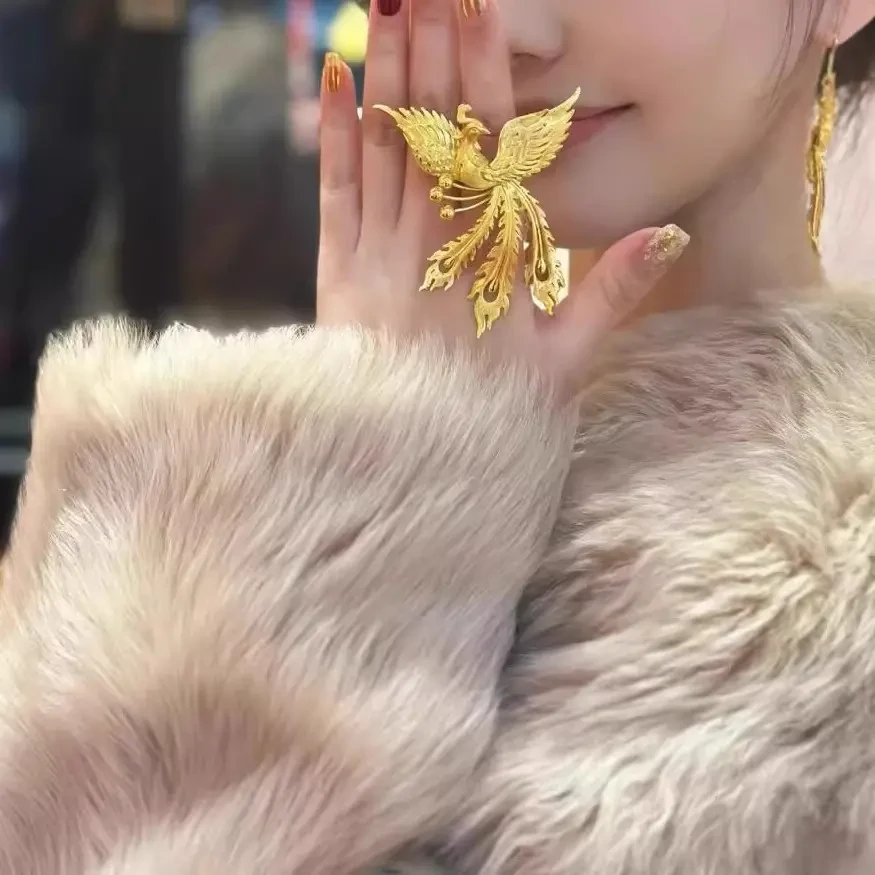 铜合金戒指 花边戒指古法凤凰婚嫁活口戒可调节时尚金色个性指环