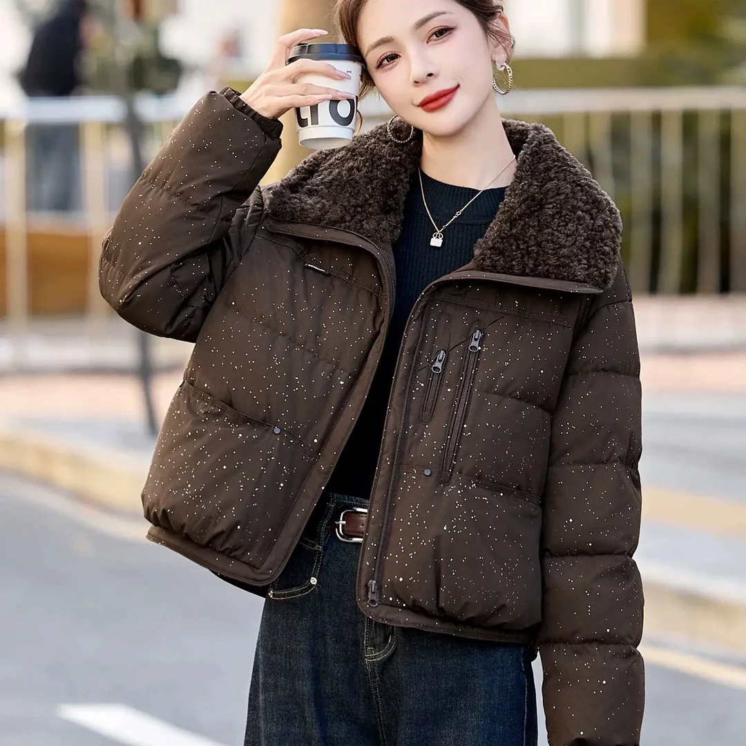 2025新爆款短款镶钻亮片大翻领女冬季加厚保暖洋气外套