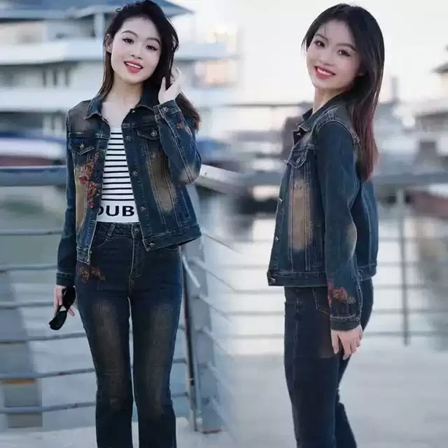 2025春秋款微喇裤子女国风刺绣时尚复古修身洋气牛仔短外套两件套