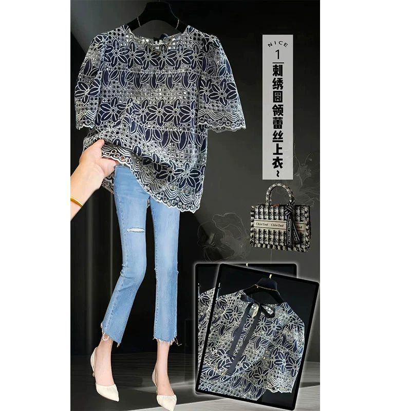 夏季高级感刺绣镂空短袖蕾丝衫胖妹妹大码宽松圆领休闲百搭小衫潮
