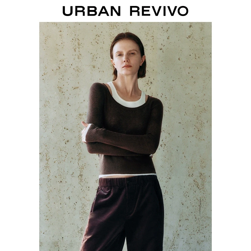 UR2025秋季新款女装撞色假两件短款修身针织衫UWM950013