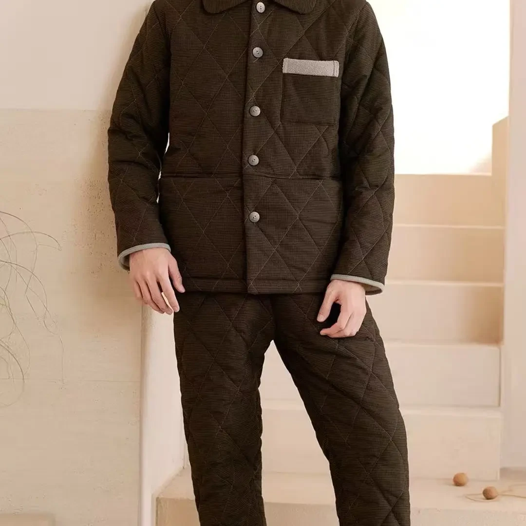 男士冬季三层夹棉加厚加绒保暖梭织法兰绒可外穿家居服睡衣
