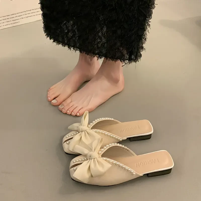 包头半拖鞋女夏季外穿2025年新款韩版蝴蝶结珍珠平底软底鱼嘴凉拖