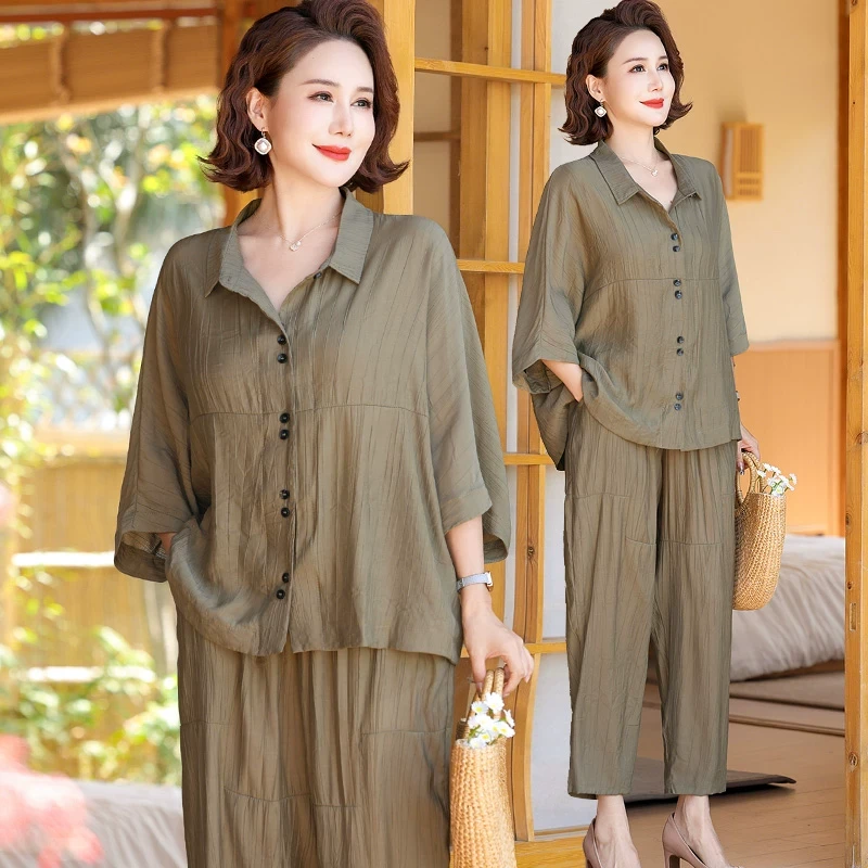 妈妈夏装休闲棉麻套装中年女装短袖上衣大码中老年夏季宽松两件套