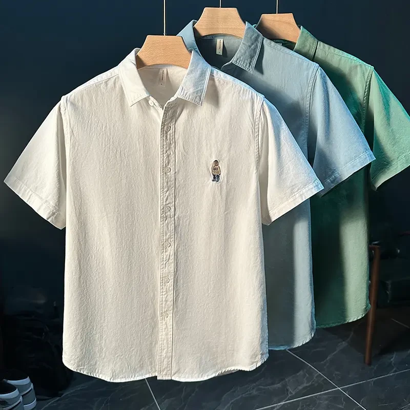 夏季新款简约潮流纯色绣花短袖衬衫男青年宽松休闲日系衬衣