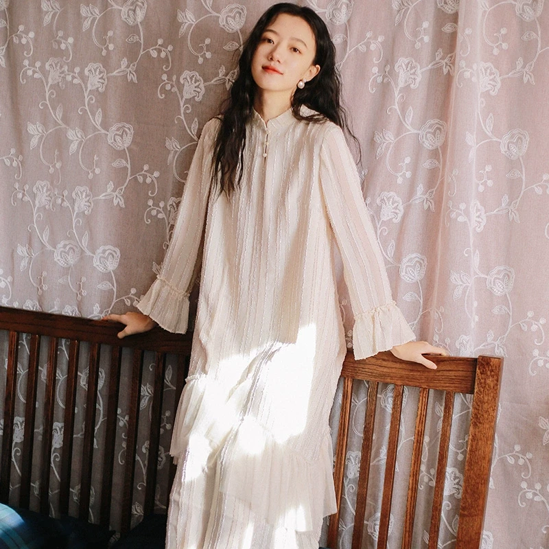 微笑向暖 立领雪纺长袖复古连衣裙旗袍裙 国风新中式改良复古裙C