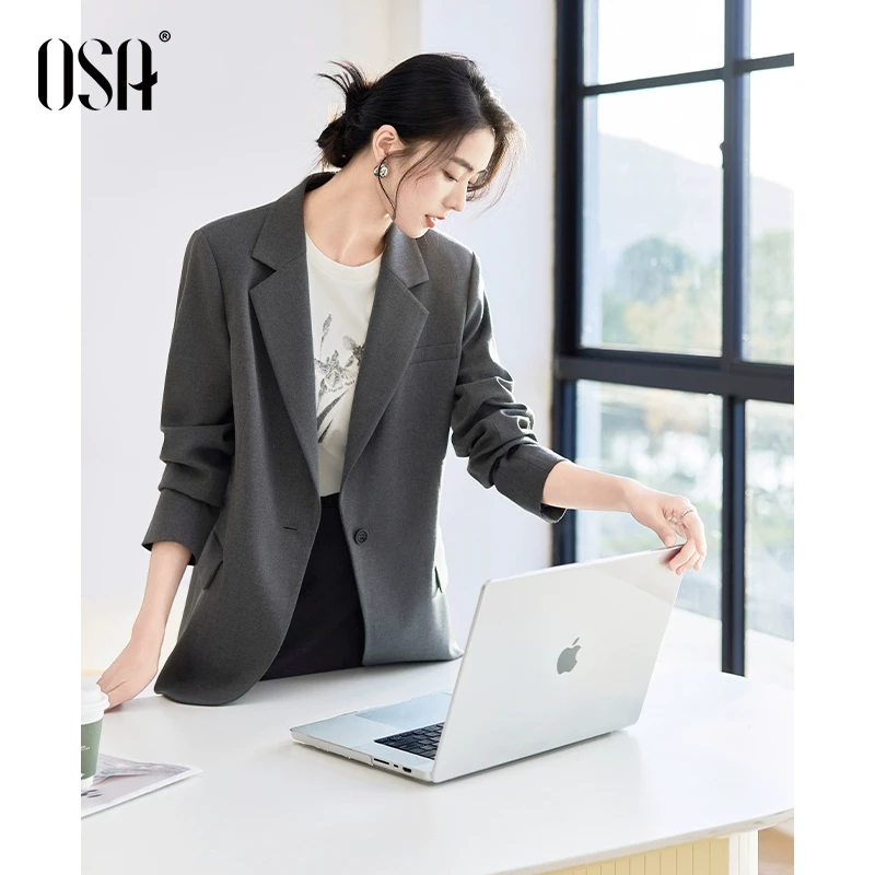 【OSA/欧莎】一粒扣灰色职场面试西装外套女士修身上衣S125A25001