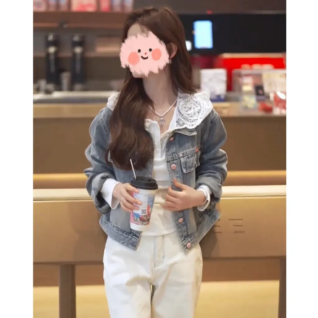 开春穿搭一整套高级感时尚港风后背刺绣牛仔外套连帽打底衫两件套