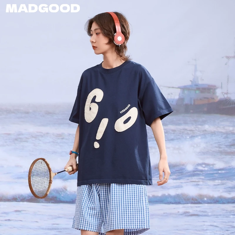 madgood马得工地日系夏季全棉字母贴布宽松T恤DX252263
